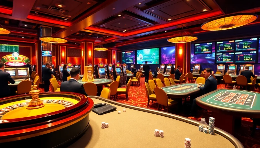 Engaging casino scene highlighting online gambling at https://febet8.com with vibrant tables and professional dealers.