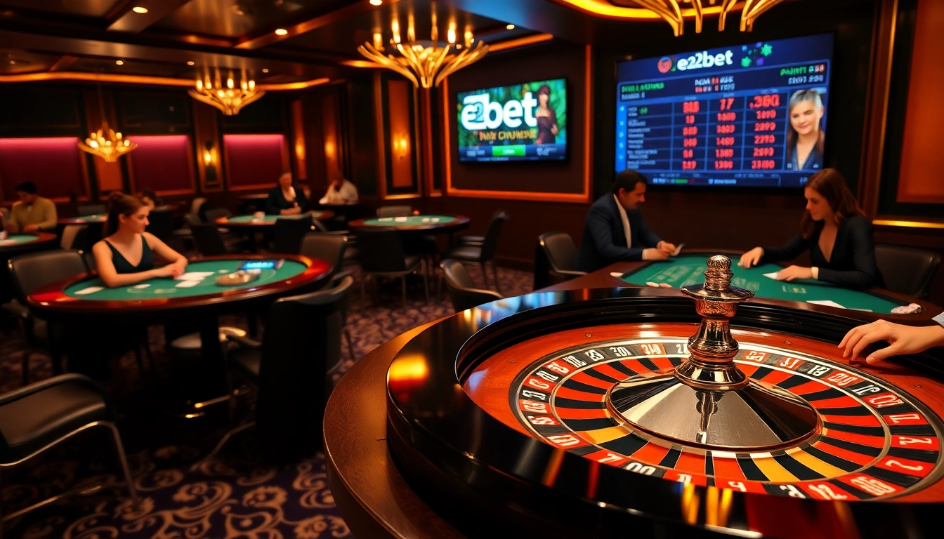 E2bet players enjoying a vibrant casino scene with poker chips and roulette wheel action.
