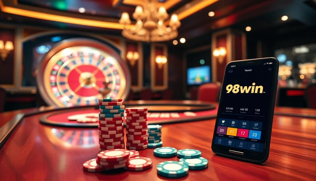 Experience the thrill of 98win with vibrant casino lights and engaging gameplay.