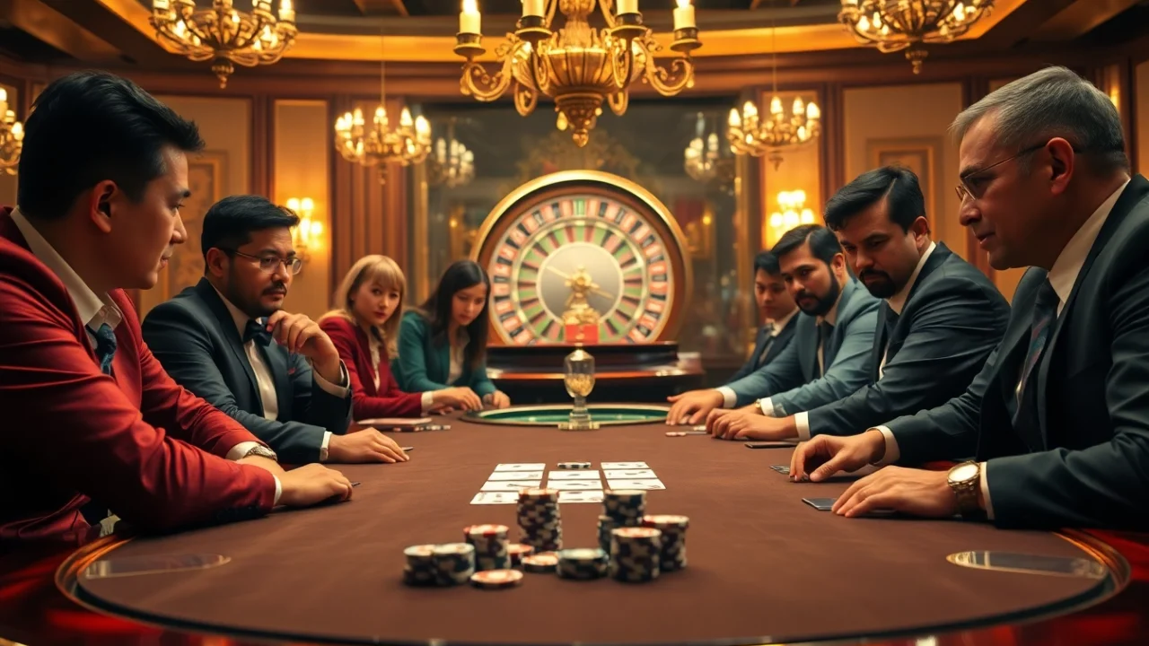 Engaged players at a high-stakes poker game with hm88-themed chips and cards, showcasing excitement in a luxurious casino.