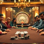 Engaged players at a high-stakes poker game with hm88-themed chips and cards, showcasing excitement in a luxurious casino.