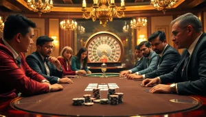 Engaged players at a high-stakes poker game with hm88-themed chips and cards, showcasing excitement in a luxurious casino.