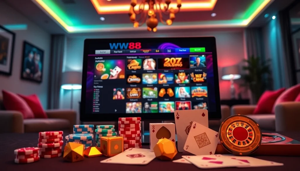 Play exciting games on ww88 in a luxury home casino setup with vibrant visuals.