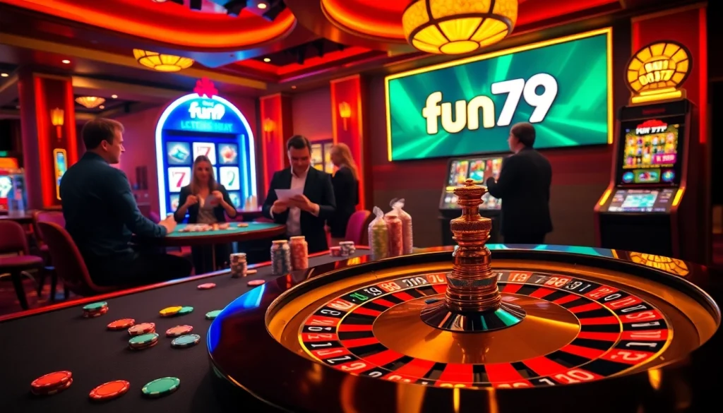 Engage with fun79 casino excitement at a luxury roulette table with vibrant chips and players.