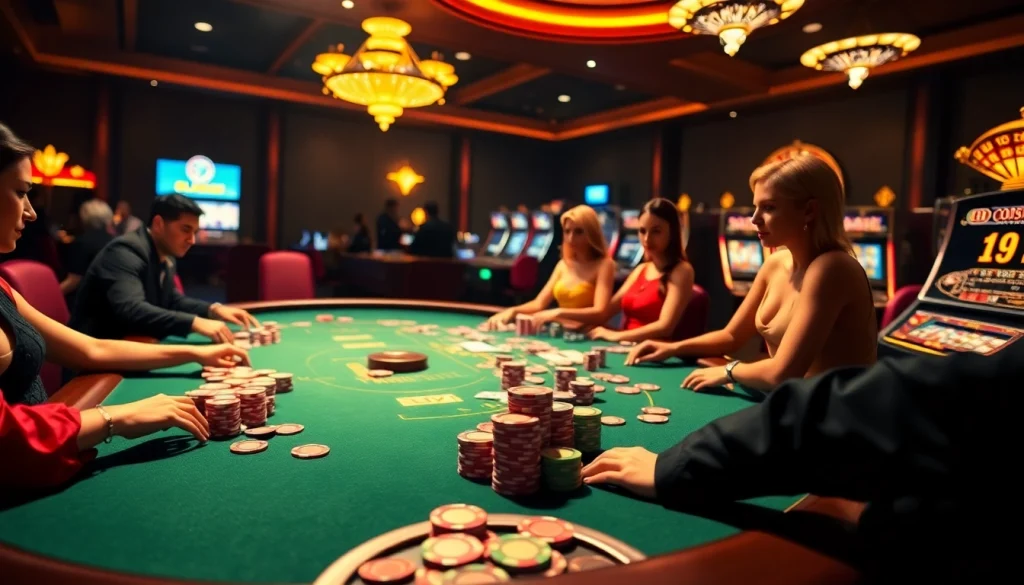 Action-packed scene of a luxurious poker game at BL555 online casino with vibrant chips and cards.