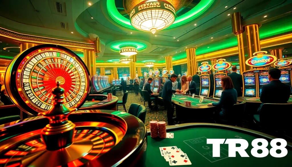 TR88 jackpot win scene with slot machines and poker table in a luxurious casino