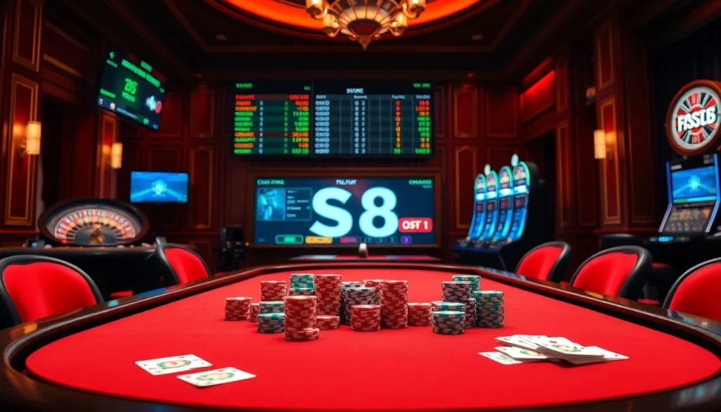 S8-themed luxury casino table with poker chips and cards, immersing players in an upscale gambling experience.