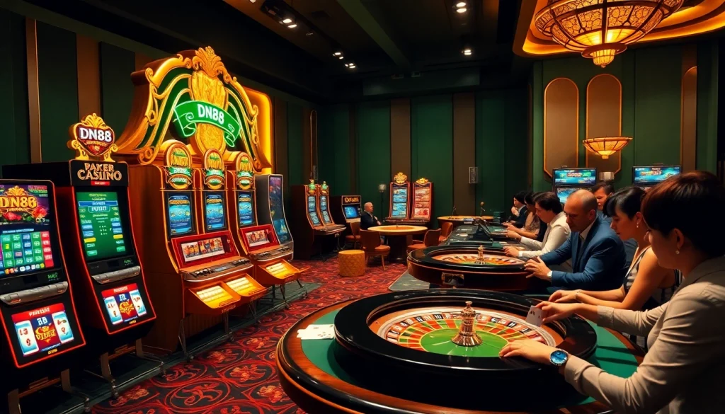 A captivating online gaming scene at dn88 with players enjoying slot machines and poker tables.