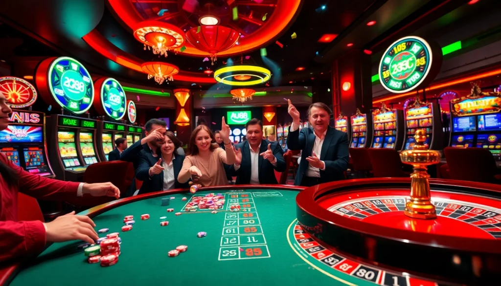 Players engaging in thrilling poker action at au88 casino with vibrant colors and excitement.