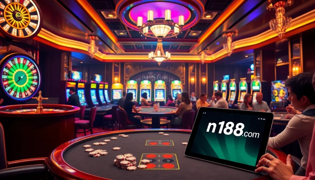 Players enjoying a vibrant casino game scene featuring n188 com, poker chips, and roulette.