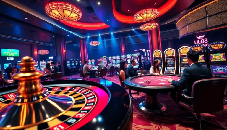Experience exhilarating gameplay at UU88 with vibrant casino visuals showcasing roulette and slot machines.