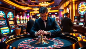 Go8 players enjoying the thrill of gambling at a roulette table in a luxurious casino.