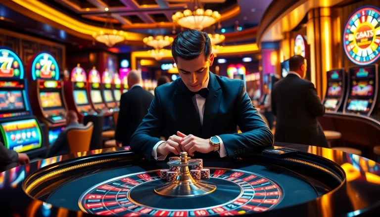 Go8 players enjoying the thrill of gambling at a roulette table in a luxurious casino.