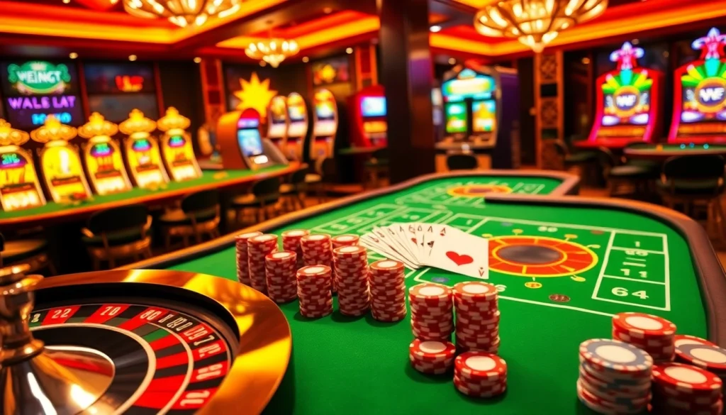 Experience high-stakes excitement with the win55 app at a luxurious casino table featuring vibrant slots and poker.