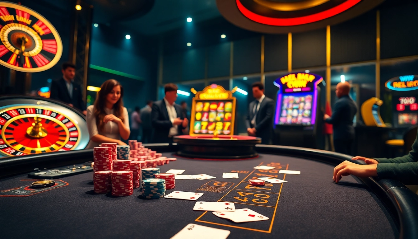 Players enjoying a thrilling game at pg88 online casino table with vibrant colors and luxury ambiance.