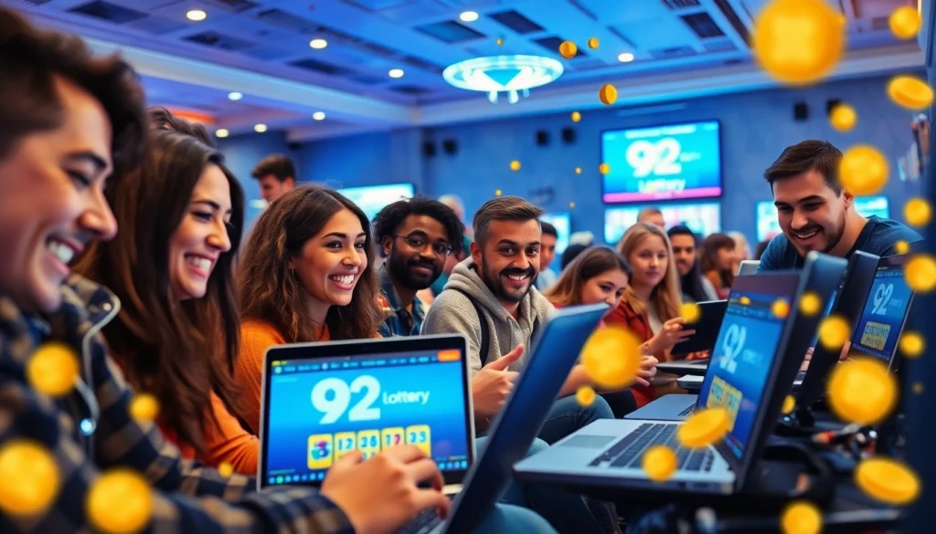 Exciting online lottery gaming scene featuring diverse players engaging with 92lottery on modern devices.