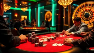 Experience UU88 excitement at a luxurious poker table surrounded by vibrant casino elements.
