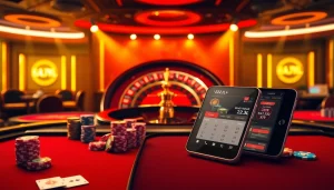 Experience the thrill of 22JL gambling with luxurious casino visuals featuring roulette and poker.