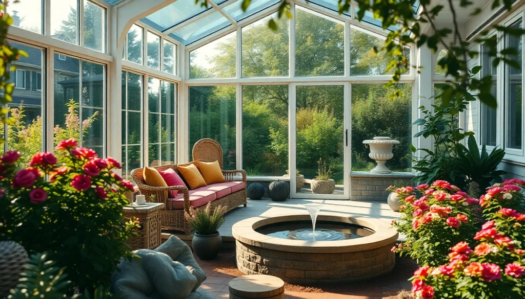 Elegant outdoor sunroom with large glass windows offering a tranquil garden view.