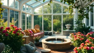 Elegant outdoor sunroom with large glass windows offering a tranquil garden view.