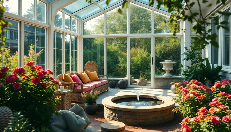 Elegant outdoor sunroom with large glass windows offering a tranquil garden view.