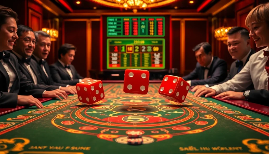 Tài xỉu md5 game scene with players engaging as dice roll on a luxurious casino table.