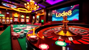 The vibrant casino scene at https://lode88uk.com/ showcases exciting gambling with cards, chips, and roulette.