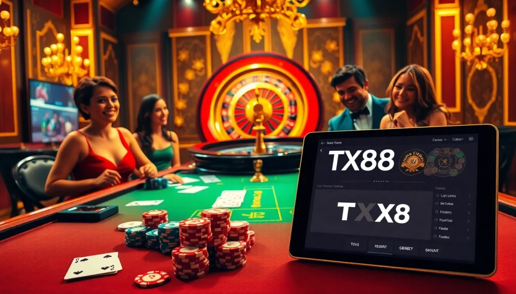 Experience high-stakes action at the TX88 casino table with vibrant poker chips and cards.