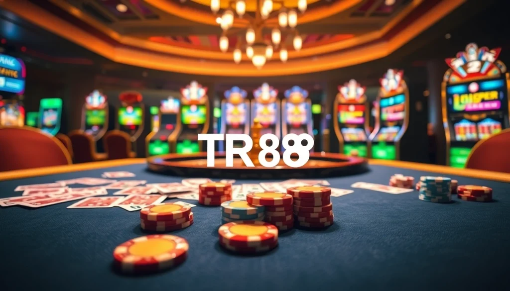 Experience the thrill of casino gaming with TR88-themed poker chips and cards at an elegant table.