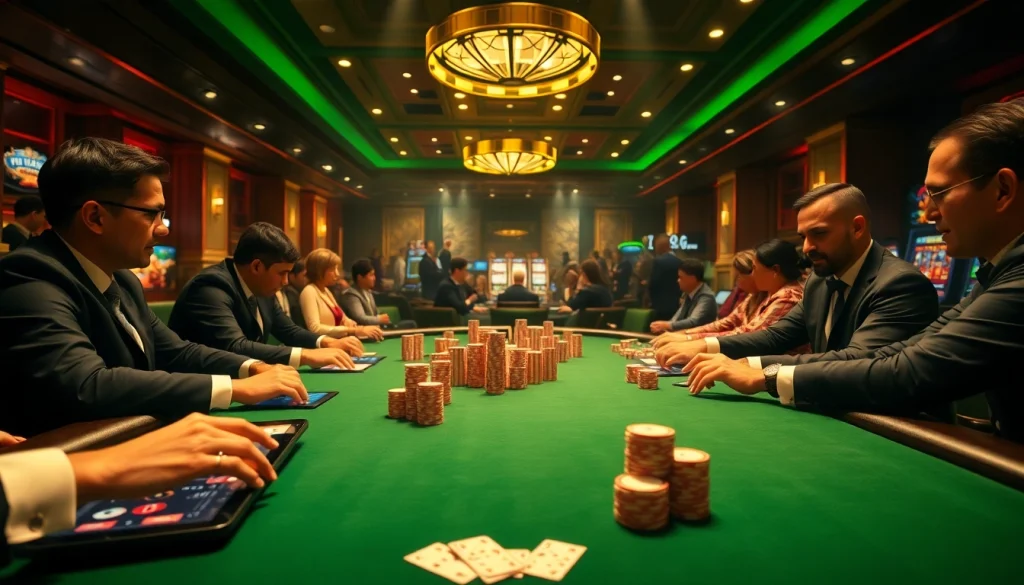 KJC poker table action with players, cards, and chips in a luxurious casino setting.