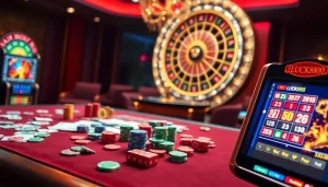 LUCK888 casino scene showcasing vibrant slot machines and a luxurious betting table.