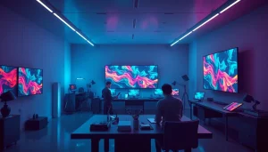 AI NSFW image generator in a modern digital art studio showcasing creative processes.