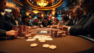 Engaged players at an okking poker table showcasing high stakes and excitement in a luxurious casino setting.