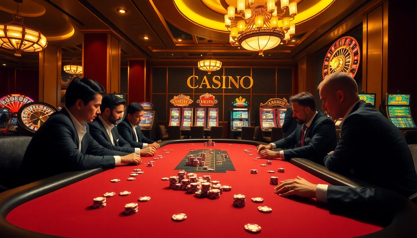 An engaging scene at trang chủ k8bet showcasing a high-stakes poker game with players and vibrant casino elements.