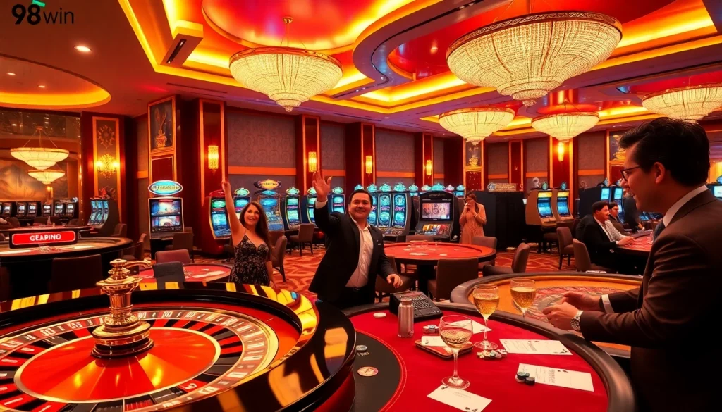 Gamblers enjoying thrilling games at 98win's luxurious casino with lively atmosphere.