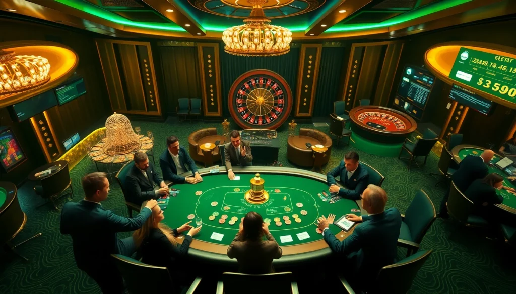 S8 players engage in a high-stakes poker game at a luxurious casino table surrounded by vibrant chips.