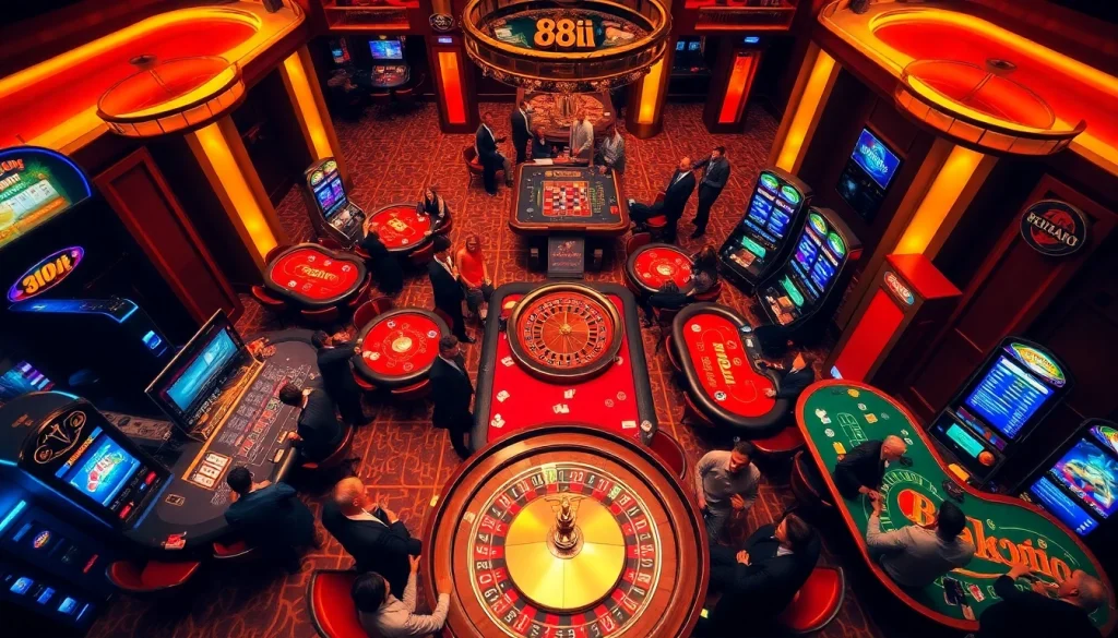 Players enjoying high-stakes gaming at the 88i casino, showcasing vibrant roulette and poker tables.