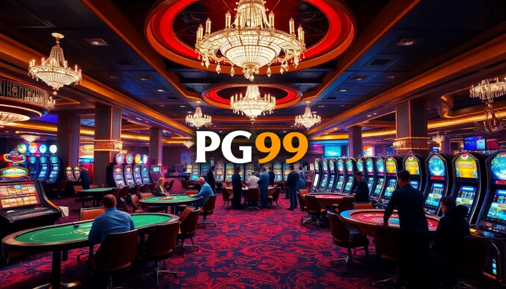 Players enjoying intense poker games at the vibrant PG99 casino in a luxurious setting.