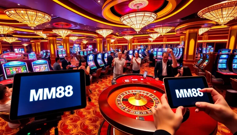 Gamblers enjoying their wins at MM88 casino tables with vibrant gaming atmosphere
