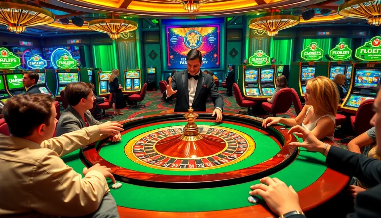 Gamblers enjoying an immersive Haywin casino experience at roulette and slot machines.