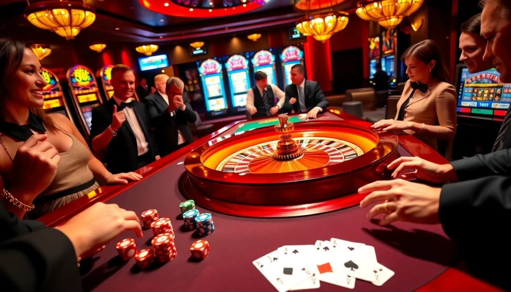 Excited players engaging at the Luck8 casino roulette table, highlighting vibrant chips and cards.