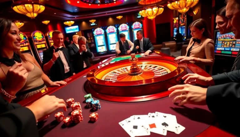 Excited players engaging at the Luck8 casino roulette table, highlighting vibrant chips and cards.
