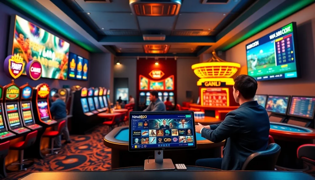 Experience the excitement of online gaming at new88go.com with vibrant visuals of slot machines and card tables.