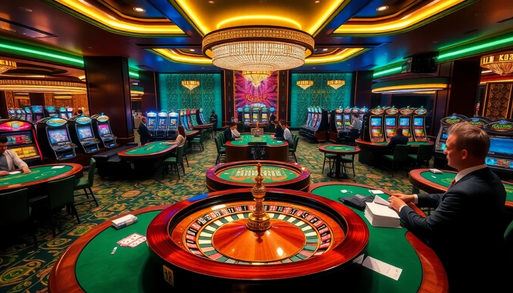 KJC-themed vibrant casino showcasing poker tables, roulette wheel, and dynamic slot machines in a luxurious setting.