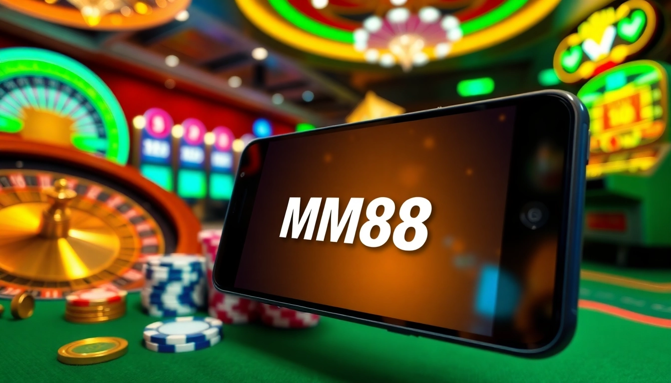 Experience thrilling online gaming with MM88 on a smartphone amidst vibrant casino visuals.
