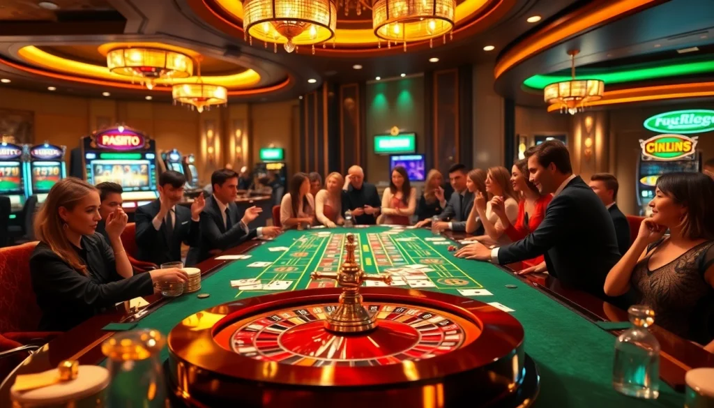 Engaged gamblers enjoying vibrant gaming action at a reputable casino, highlighting nhà cái uy tín.