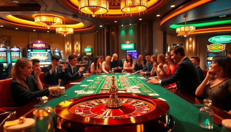 Engaged gamblers enjoying vibrant gaming action at a reputable casino, highlighting nhà cái uy tín.