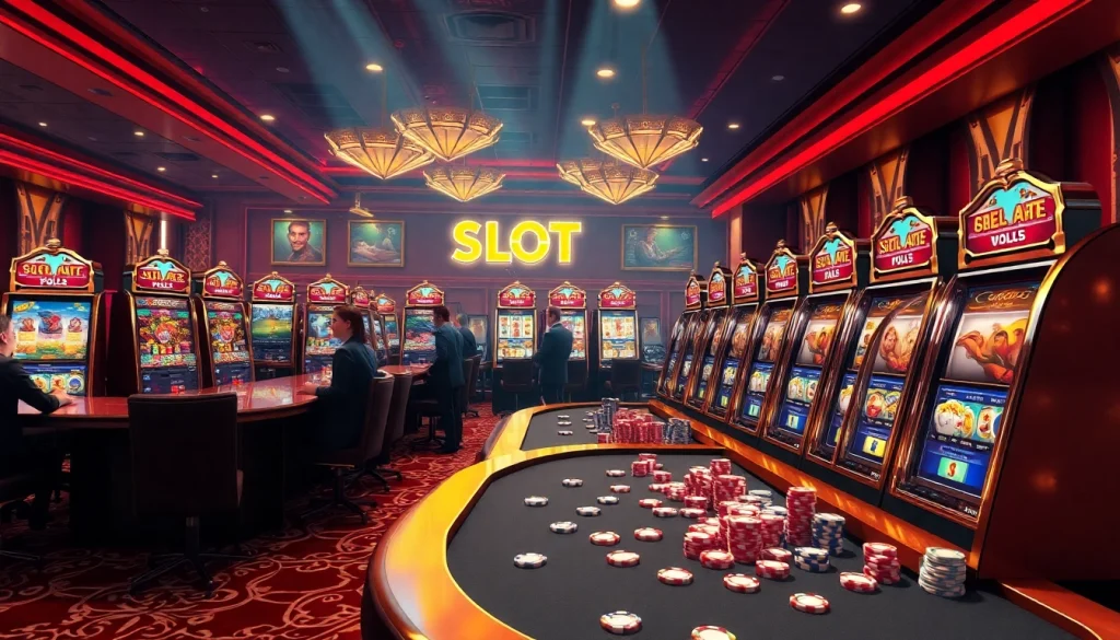 Pemain menikmati permainan slot pulsa yang hidup di sebuah kasino mewah.