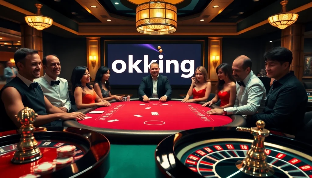 Players enjoying a luxurious blackjack table at an okking-themed casino night filled with excitement.