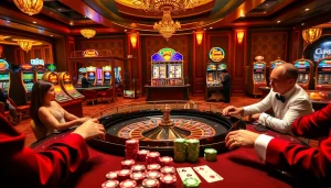 CM88-themed luxurious casino atmosphere featuring a roulette table and colorful poker chips.